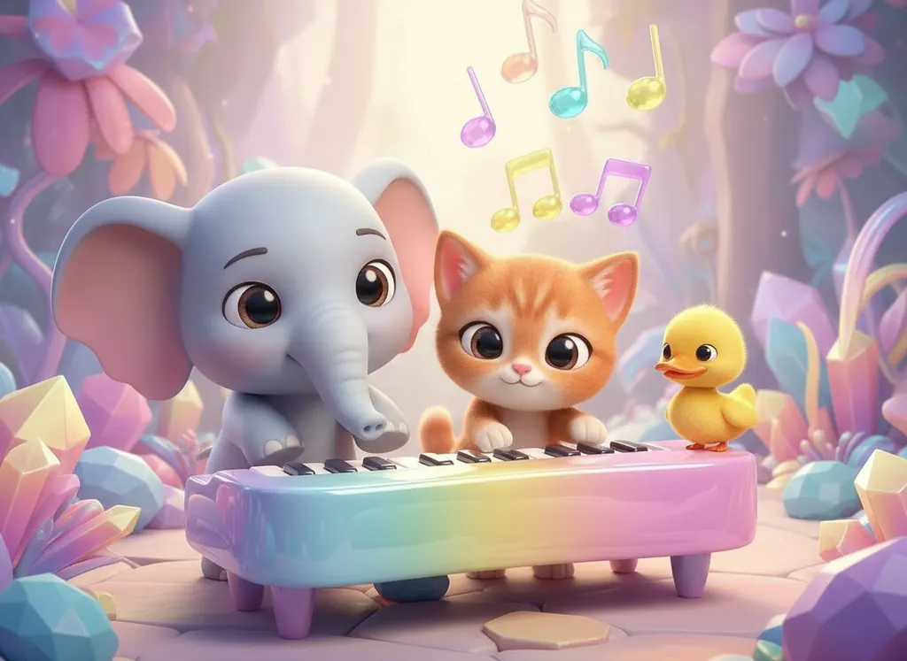 An elephant, a kitten and a duckling playing a candy-coloured piano