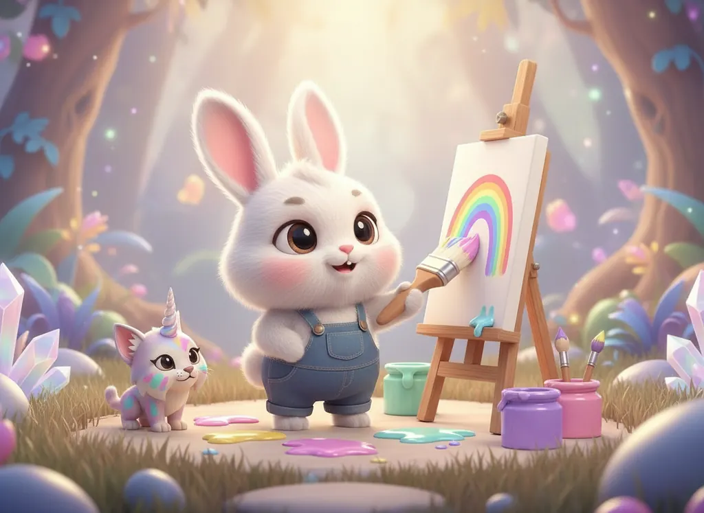 A bunny painting a rainbow on an easel