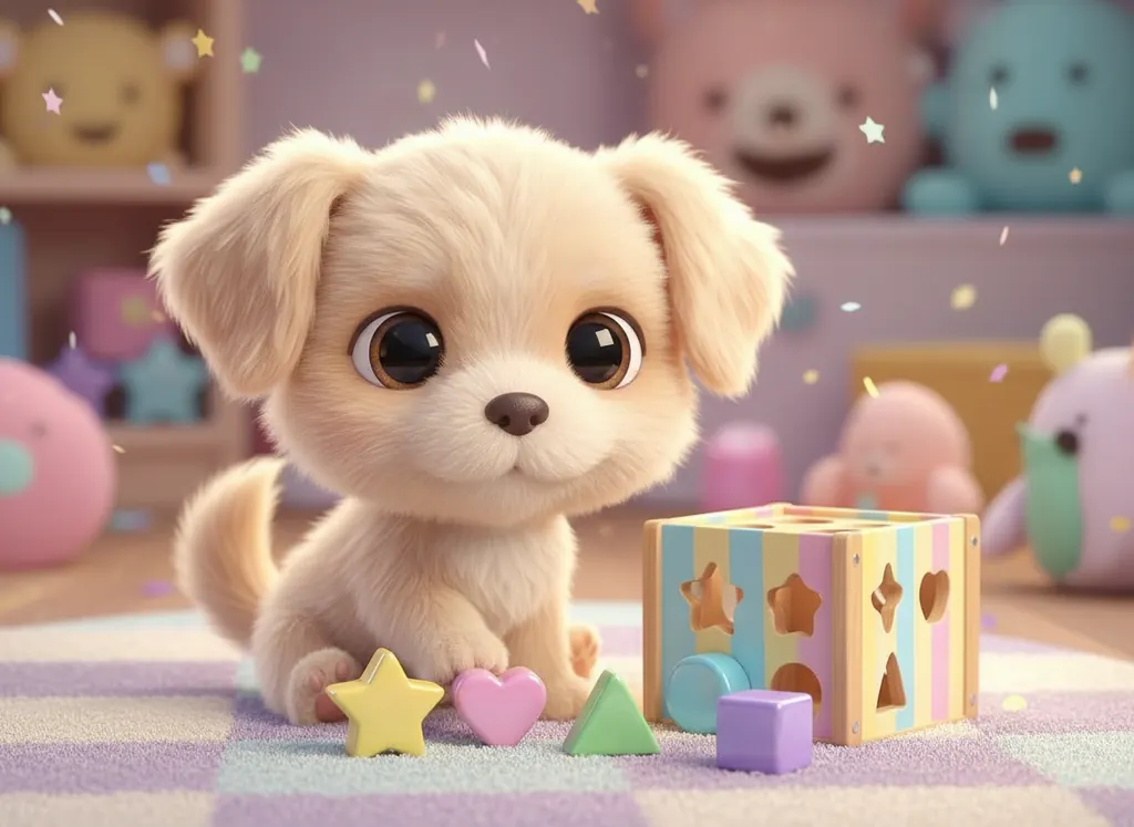 A puppy playing with colourful toy shape blocks